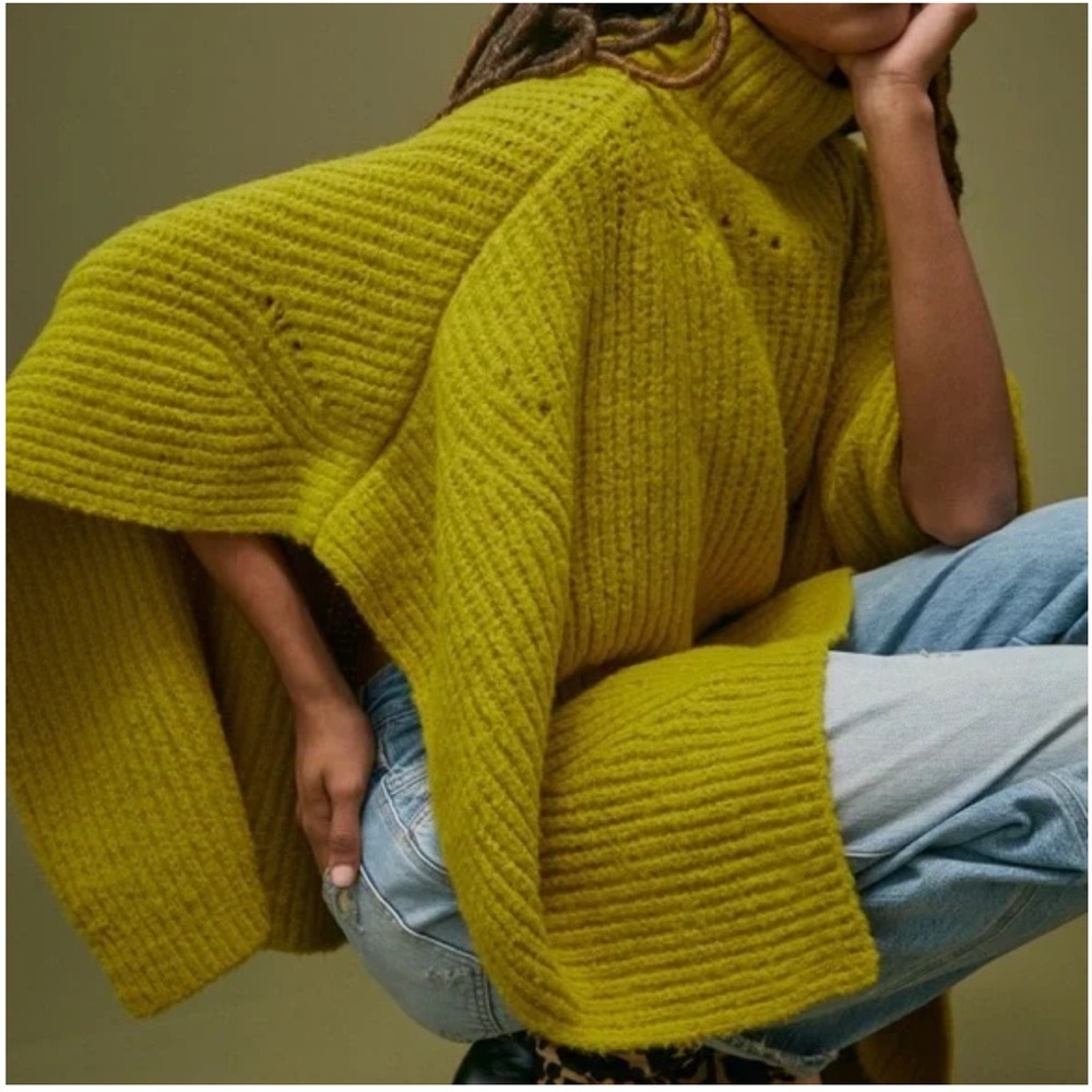 Anthropologie Women's Ribbed knit poncho sweater in mustard yellow